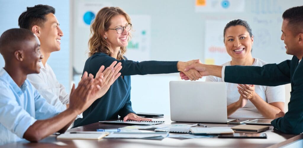 Business people handshake collaboration, thank you and contract in meeting with diversity, teamwork, leadership and respect