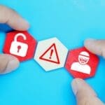 hexagon with cyber robber icons, caution and unlock. safety and security