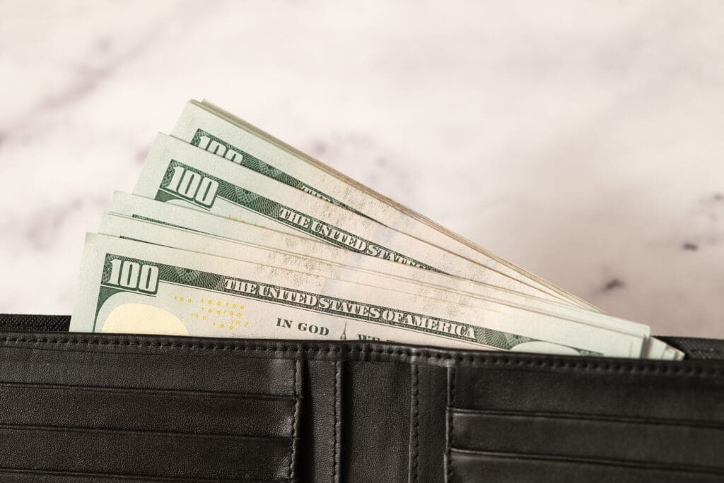 banknote money in a wallet on a light background, the concept of saving money and business growth