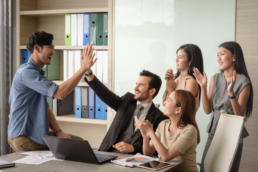 business people, man and woman, success, achievement and appreciation concept modern business strategy