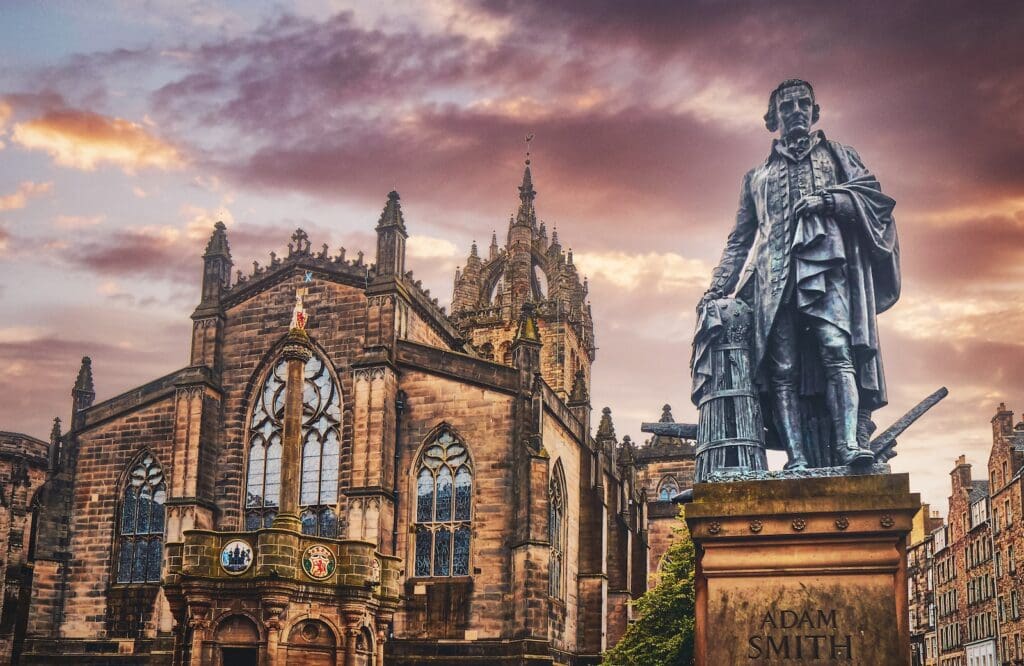 a statue of Adam Smith, who along with John Locke shaped early business philosophy