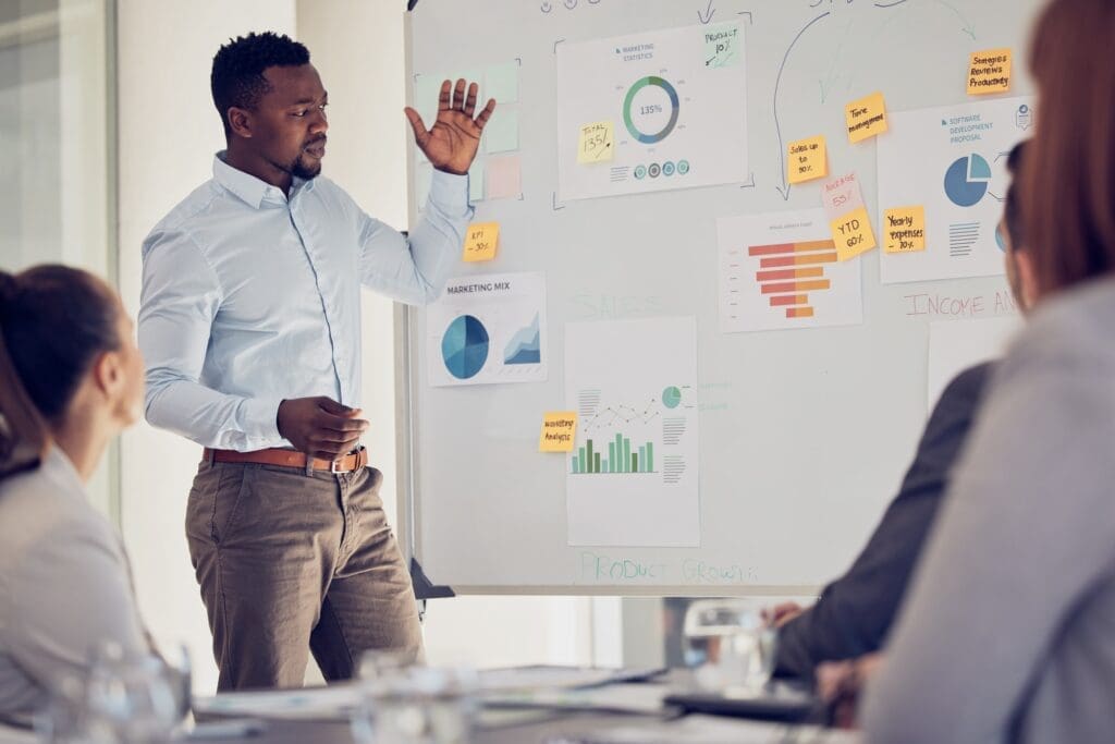 Empathy in ERP Implementation presentation, whiteboard and businessman with finance strategy, erp marketing analysis and company