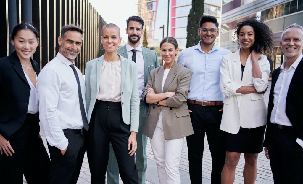 Team portrait multi-ethnic professionals smiling posing with confidence. Young and mature colleagues