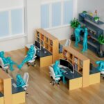a group of desks with blue figures on them