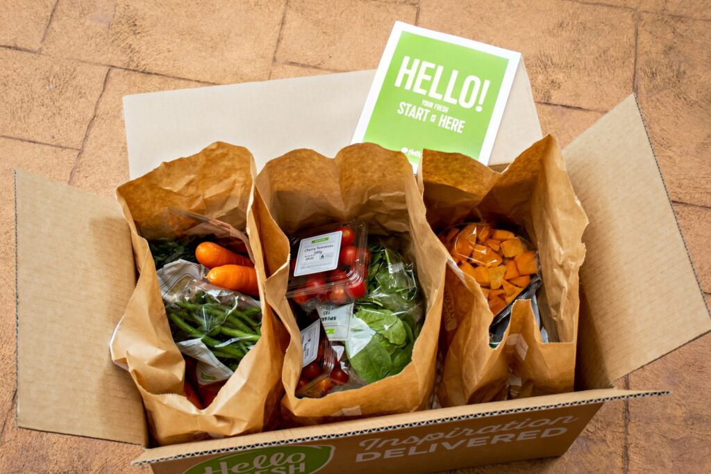 Hello Fresh meal kits in a cardboard box