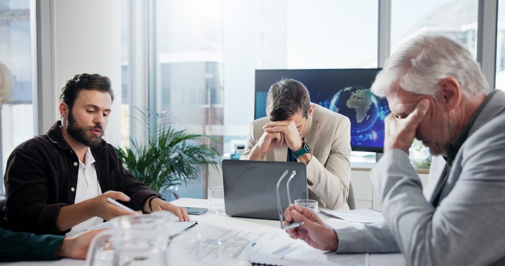 Private equity business, finance and people with stress in meeting