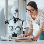 Woman and AI robot working together