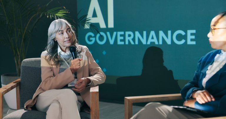 Conference, presentation and woman with mic at stage for innovation speech, event and development.