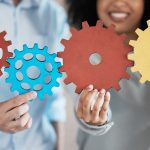 Problem solving business people with integration sign for teamwork, collaboration and connection wh
