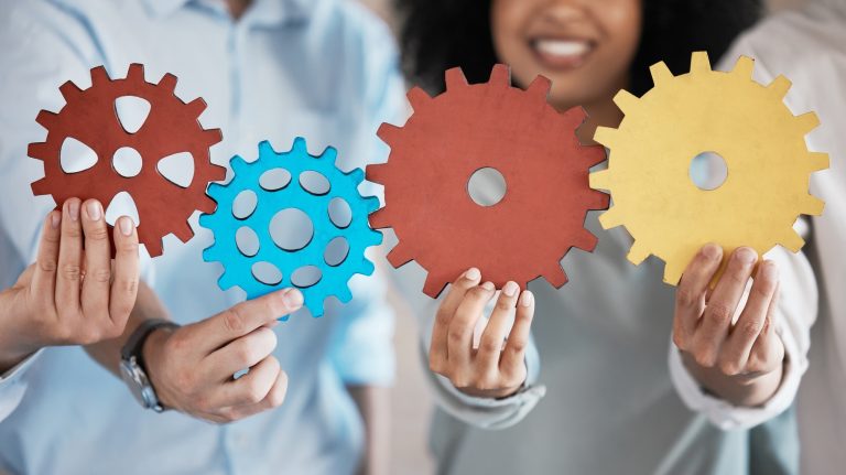 Problem solving business people with integration sign for teamwork, collaboration and connection wh