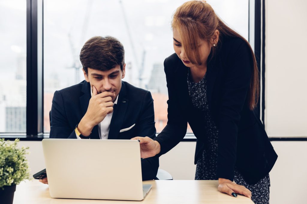 Businessman leader in marketing coaching interested business people