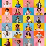 Cheerful surprised happy excited millennial and adult multiethnic people gesticulate, laugh and show