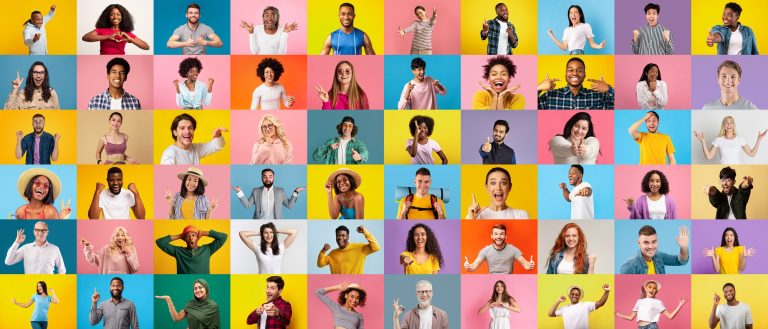 Cheerful surprised happy excited millennial and adult multiethnic people gesticulate, laugh and show