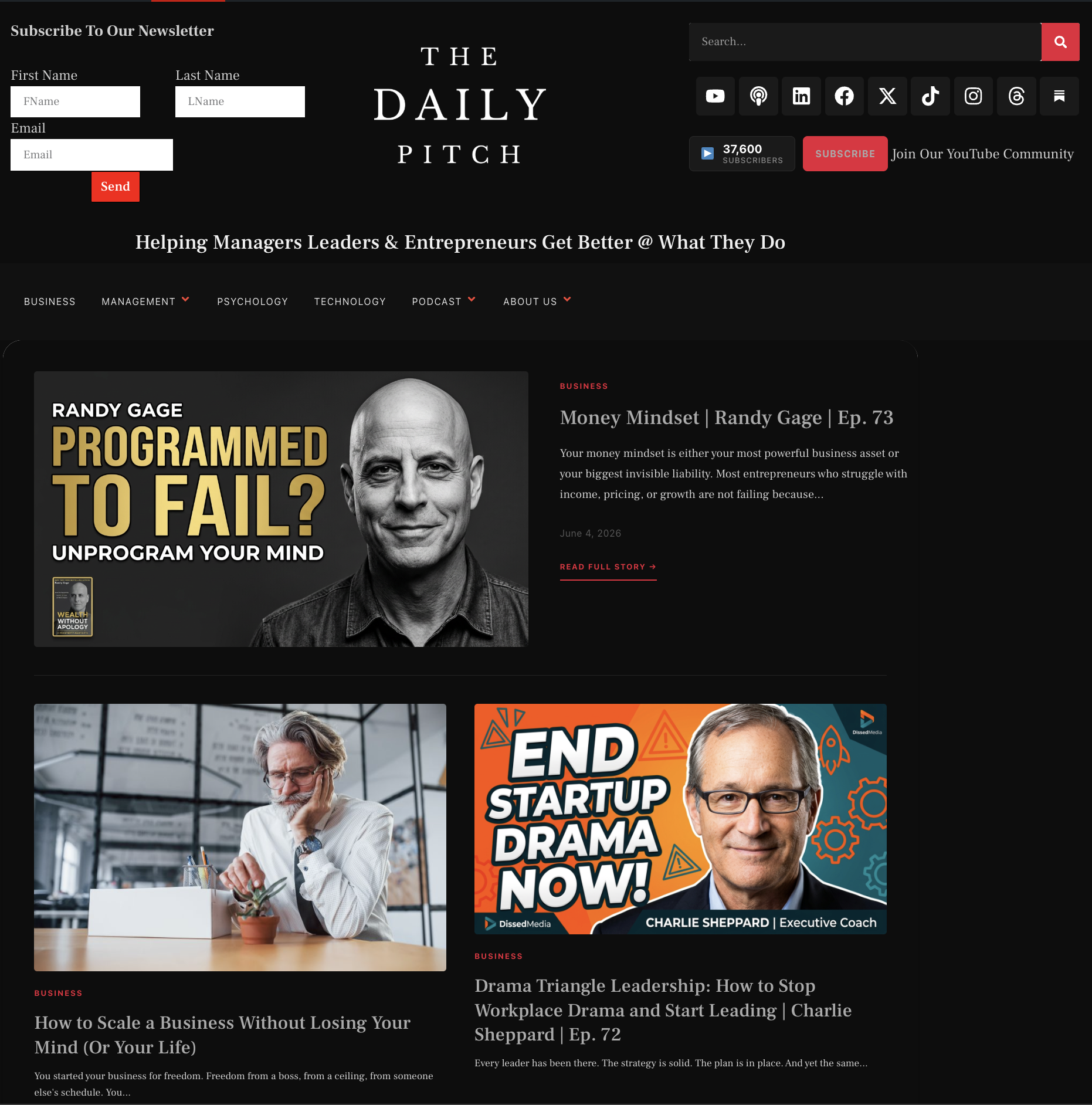 The Daily Pitch website redesign featuring a dark editorial layout