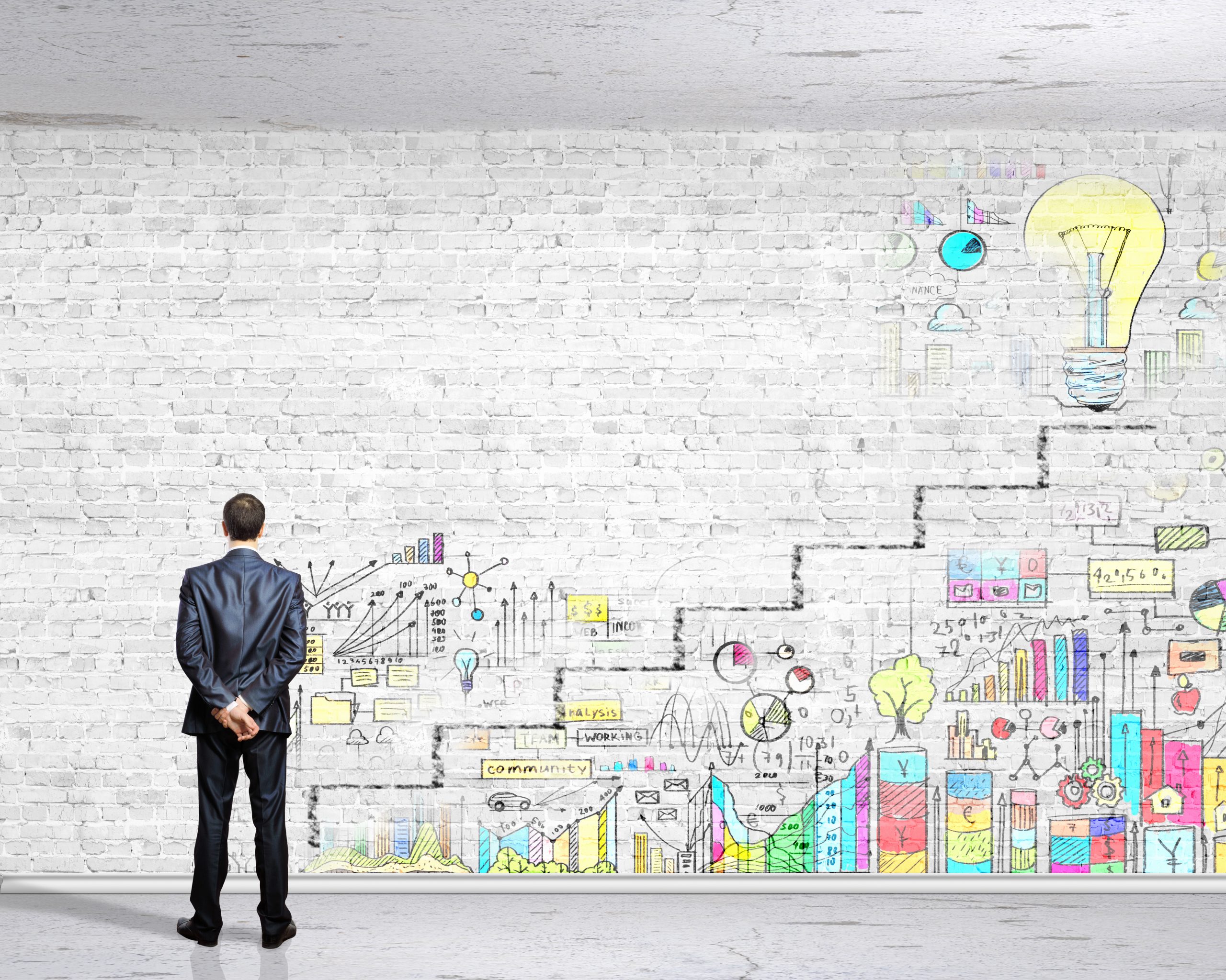Entrepreneur facing a wall of complex business challenges