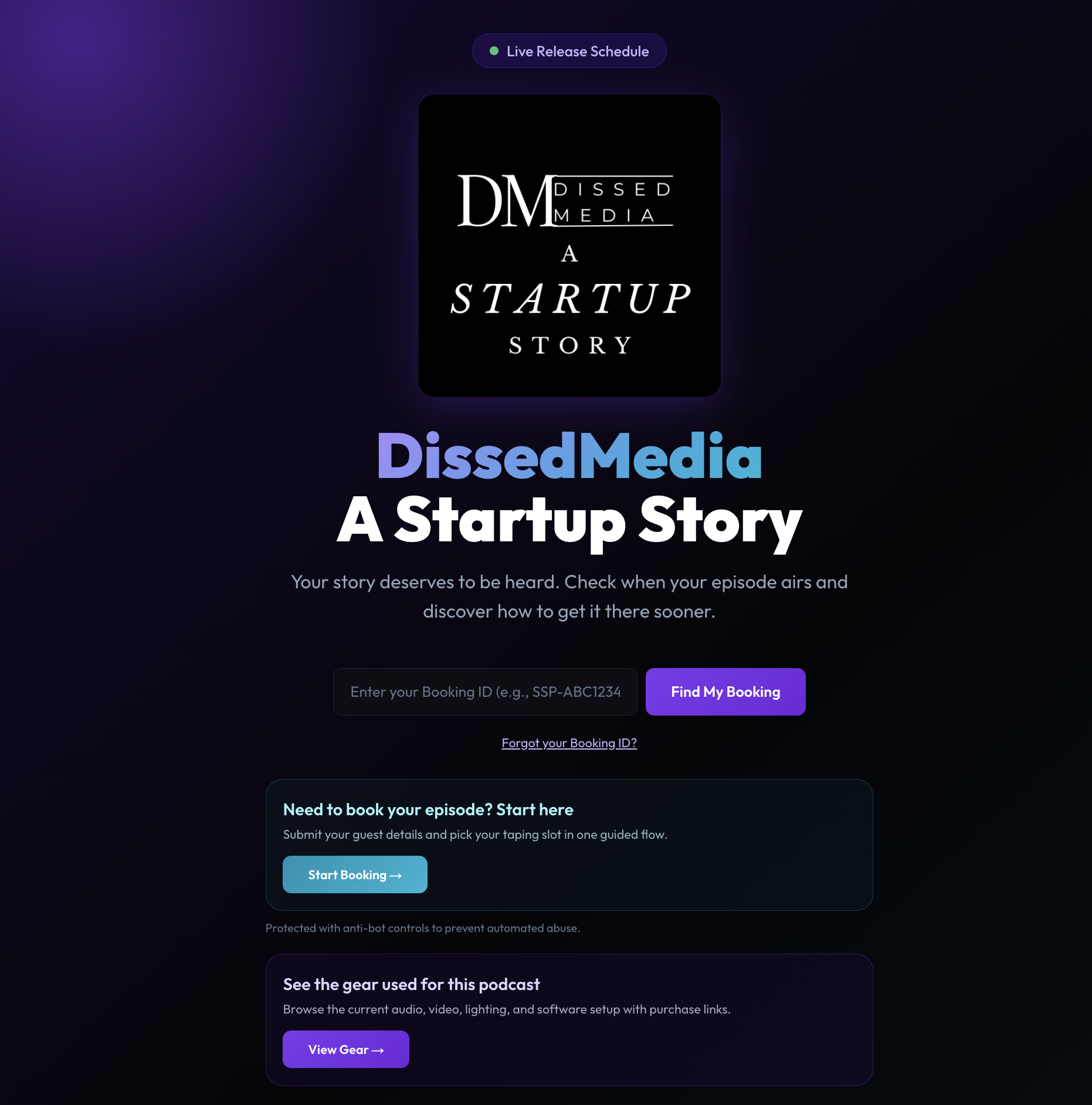 DissedMedia podcast guest management system at startup.dissedmedia.com page one